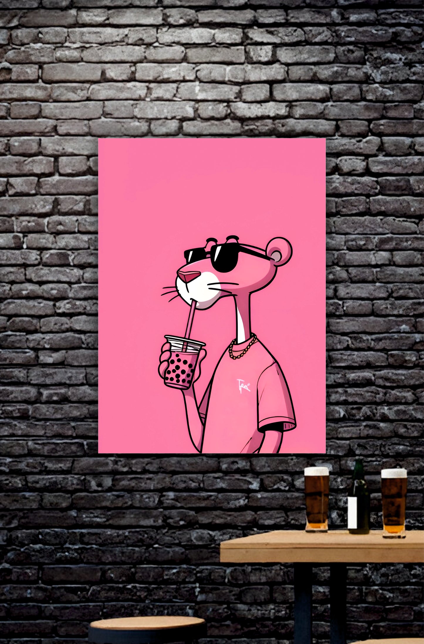 Pink Panther Drinking Boba Poster || Aesthetic